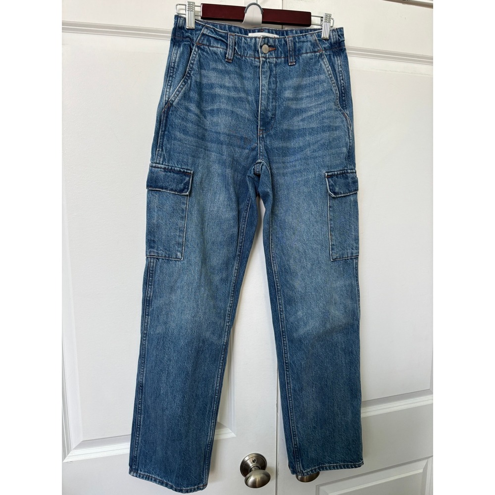 Denim Forum The 90s Edie Lo-Rise Cargo Jeans Blue Straight Leg 100% Cotton 25 - Picture 2 of 11